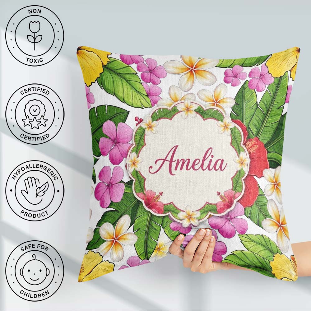 Custom Name Tropical Hibiscus Flowers Background Plumeria Leaves Square Filled Cushion Throw Pillow Sofa Bed Home Decor Zip Washable UK Made