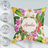 Custom Name Tropical Hibiscus Flowers Background Plumeria Leaves Square Filled Cushion Throw Pillow Sofa Bed Home Decor Zip Washable UK Made