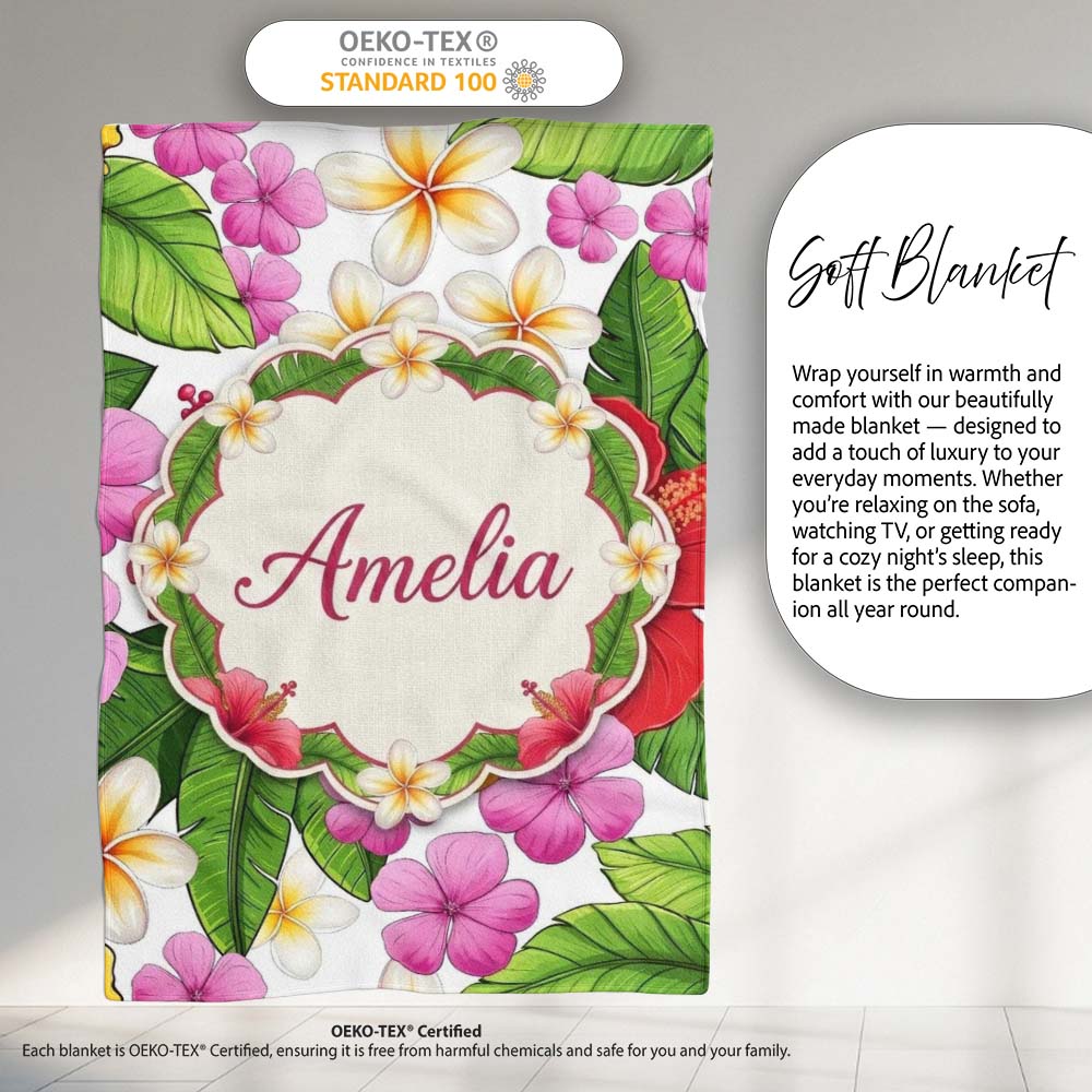 Tropical Hibiscus Flowers White Background Plumeria Leaves Seamless  Personalised Custom Name Super Soft Fleece Blanket Bed Sofa Throw