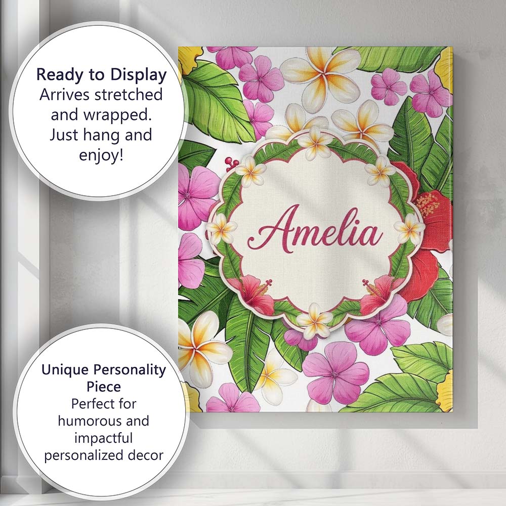 Personalised Name Tropical Hibiscus Flowers Custom  Bespoke Interior Contemporary Canvas Wall Art Print Decor Picture Ready to Hang