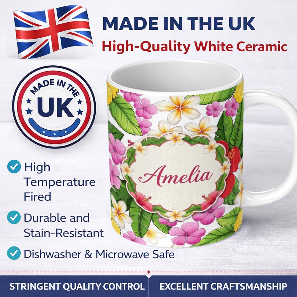Personalized Custom Name Tropical Hibiscus Flowers White Background Plumeria Leaves Seamless 11oz Ceramic Coffee Tea Mug White Large Handle