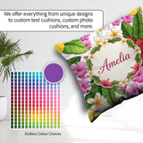 Custom Name Tropical Hibiscus Flowers Background Plumeria Leaves Square Filled Cushion Throw Pillow Sofa Bed Home Decor Zip Washable UK Made