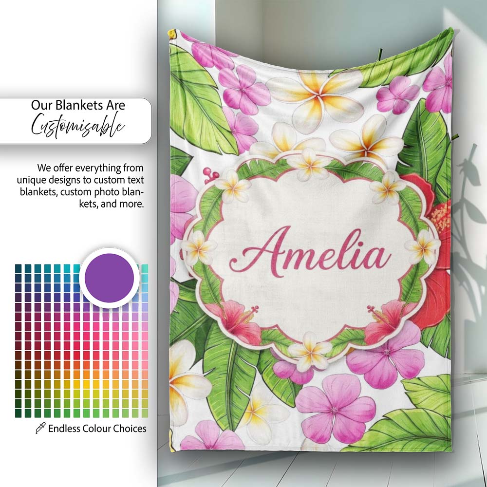 Tropical Hibiscus Flowers White Background Plumeria Leaves Seamless  Personalised Custom Name Super Soft Fleece Blanket Bed Sofa Throw