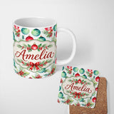 Personalized Custom Name Watercolor Christmas Baubles Holly Leaves Festive Seamless Pattern 11oz Ceramic Coffee Tea Mug White Large Handle