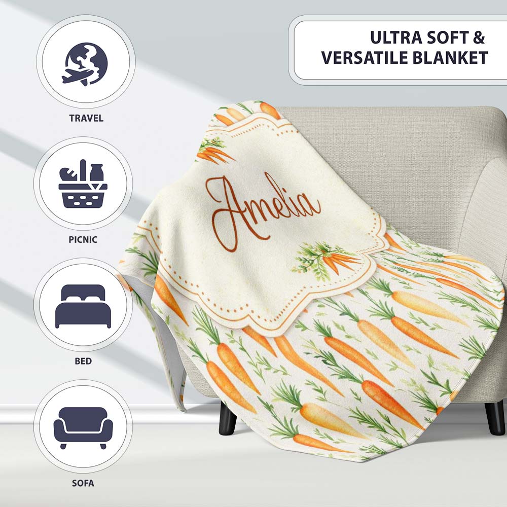 Soft Watercolor Carrot Scatter Fresh Vegetable Seamless Pattern  Personalised Custom Name Super Soft Fleece Blanket Bed Sofa Throw