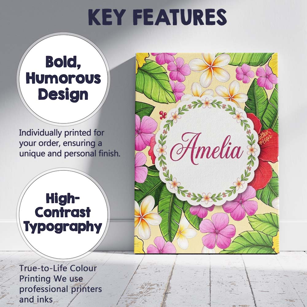 Personalised Name Tropical Hibiscus Flowers Custom  Bespoke Interior Contemporary Canvas Wall Art Print Decor Picture Ready to Hang