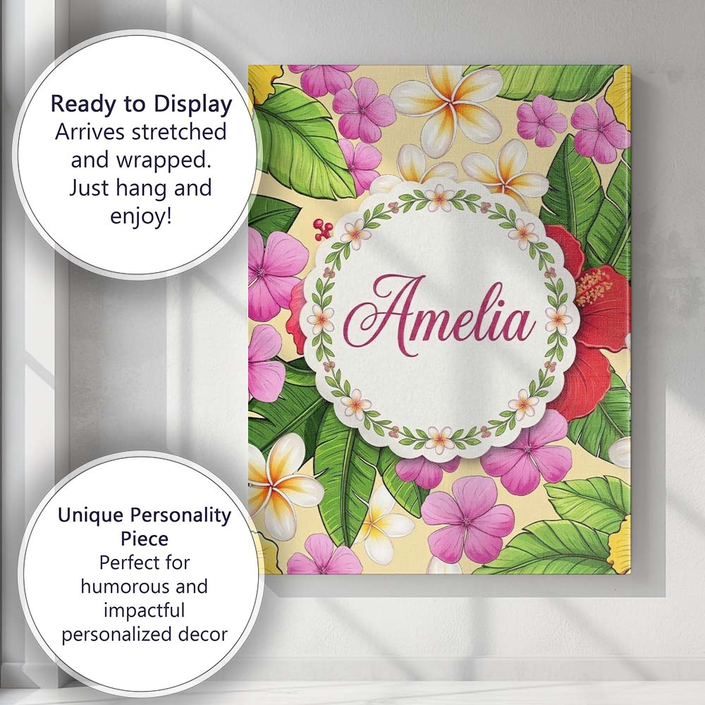 Personalised Name Tropical Hibiscus Flowers Custom  Bespoke Interior Contemporary Canvas Wall Art Print Decor Picture Ready to Hang