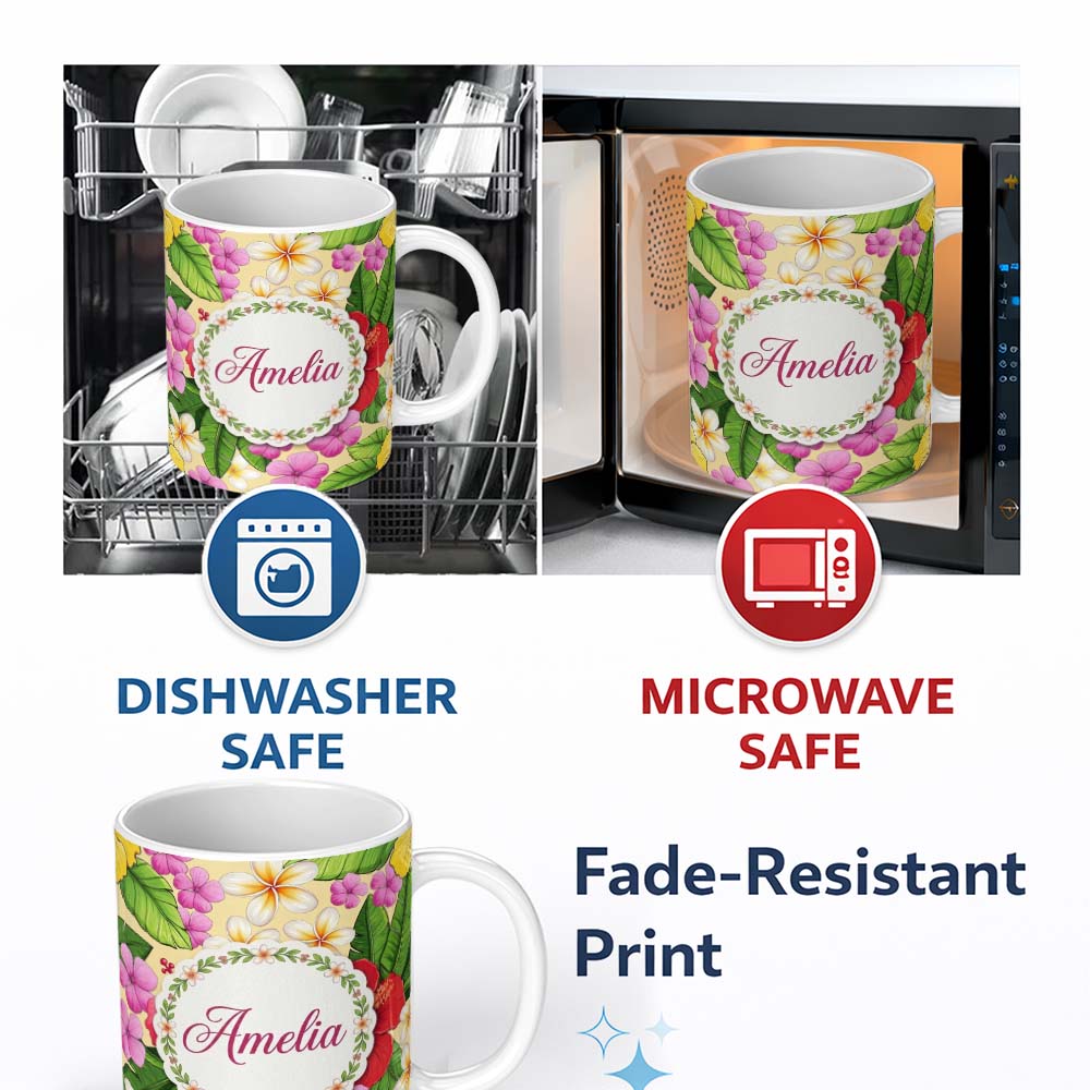 Personalized Custom Name Tropical Hibiscus Flowers Cream Background Plumeria Leaves Seamless 11oz Ceramic Coffee Tea Mug White Large Handle
