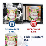 Personalized Custom Name Tropical Hibiscus Flowers Cream Background Plumeria Leaves Seamless 11oz Ceramic Coffee Tea Mug White Large Handle