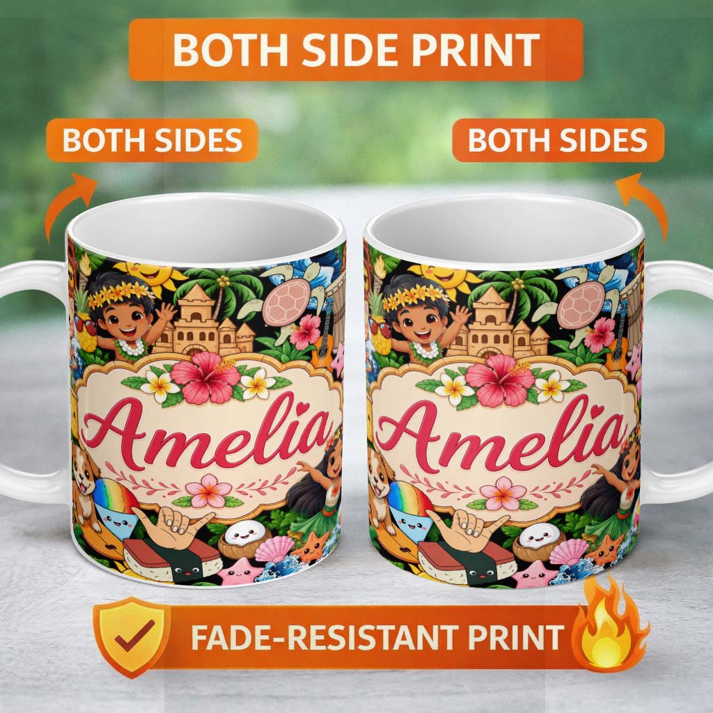 Personalized Custom Name Cute Hawaiian Kids Tiki Beach Summer Cartoon Seamless Pattern Name 11oz Ceramic Coffee Tea Mug White Large Handle