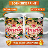 Personalized Custom Name Cute Hawaiian Kids Tiki Beach Summer Cartoon Seamless Pattern Name 11oz Ceramic Coffee Tea Mug White Large Handle