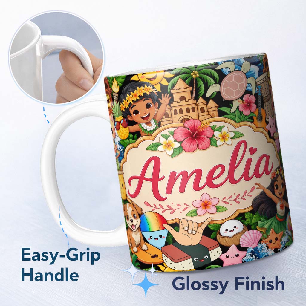 Personalized Custom Name Cute Hawaiian Kids Tiki Beach Summer Cartoon Seamless Pattern Name 11oz Ceramic Coffee Tea Mug White Large Handle