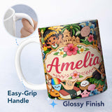 Personalized Custom Name Cute Hawaiian Kids Tiki Beach Summer Cartoon Seamless Pattern Name 11oz Ceramic Coffee Tea Mug White Large Handle