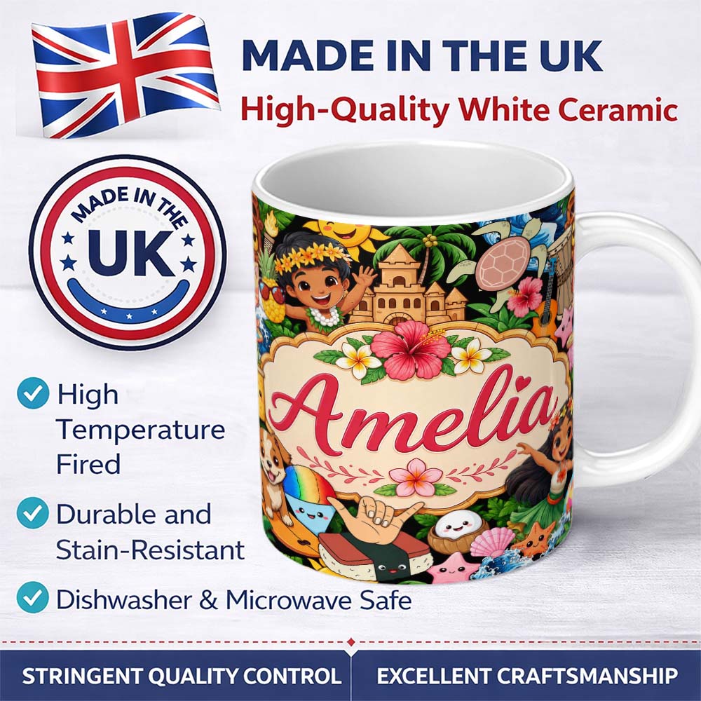 Personalized Custom Name Cute Hawaiian Kids Tiki Beach Summer Cartoon Seamless Pattern Name 11oz Ceramic Coffee Tea Mug White Large Handle