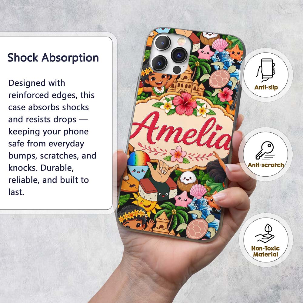 Cute Hawaiian Kids Tiki Beach Summer Cartoon Custom Name Protective Phone Case Mobile Cover Durable Everyday Smartphone Shock Resistant