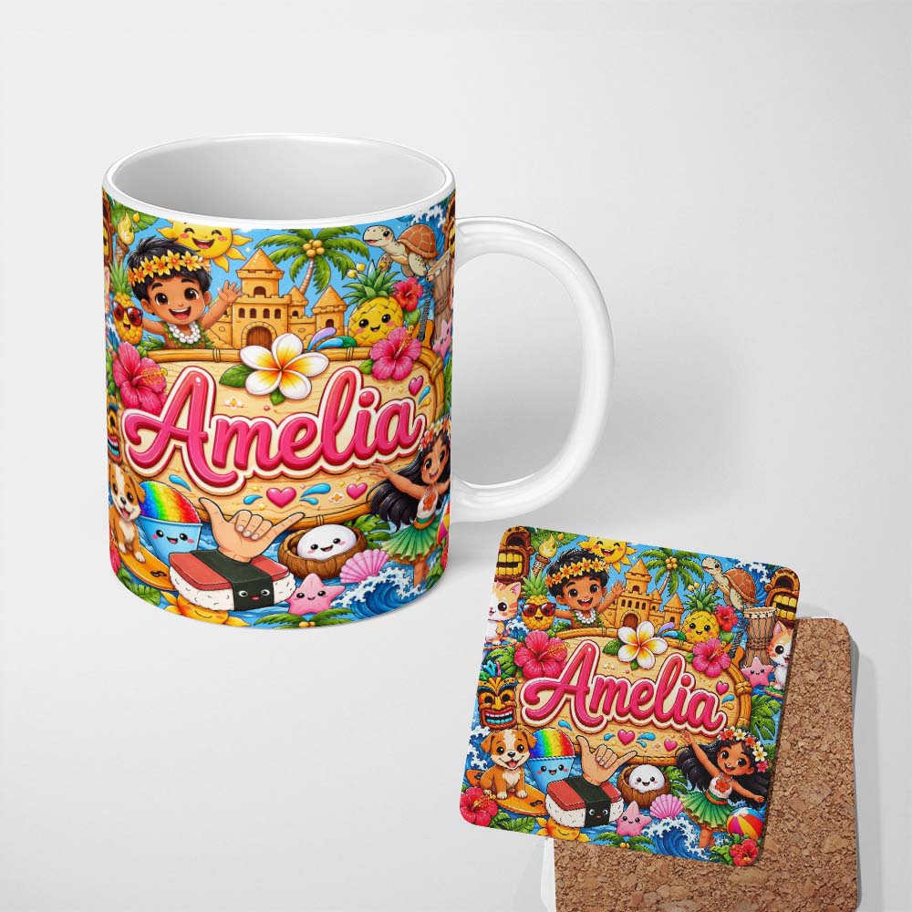 Personalized Custom Name Cute Hawaiian Kids Blue Background Tiki Beach Summer Cartoon 11oz Ceramic Coffee Tea Mug White Large Handle