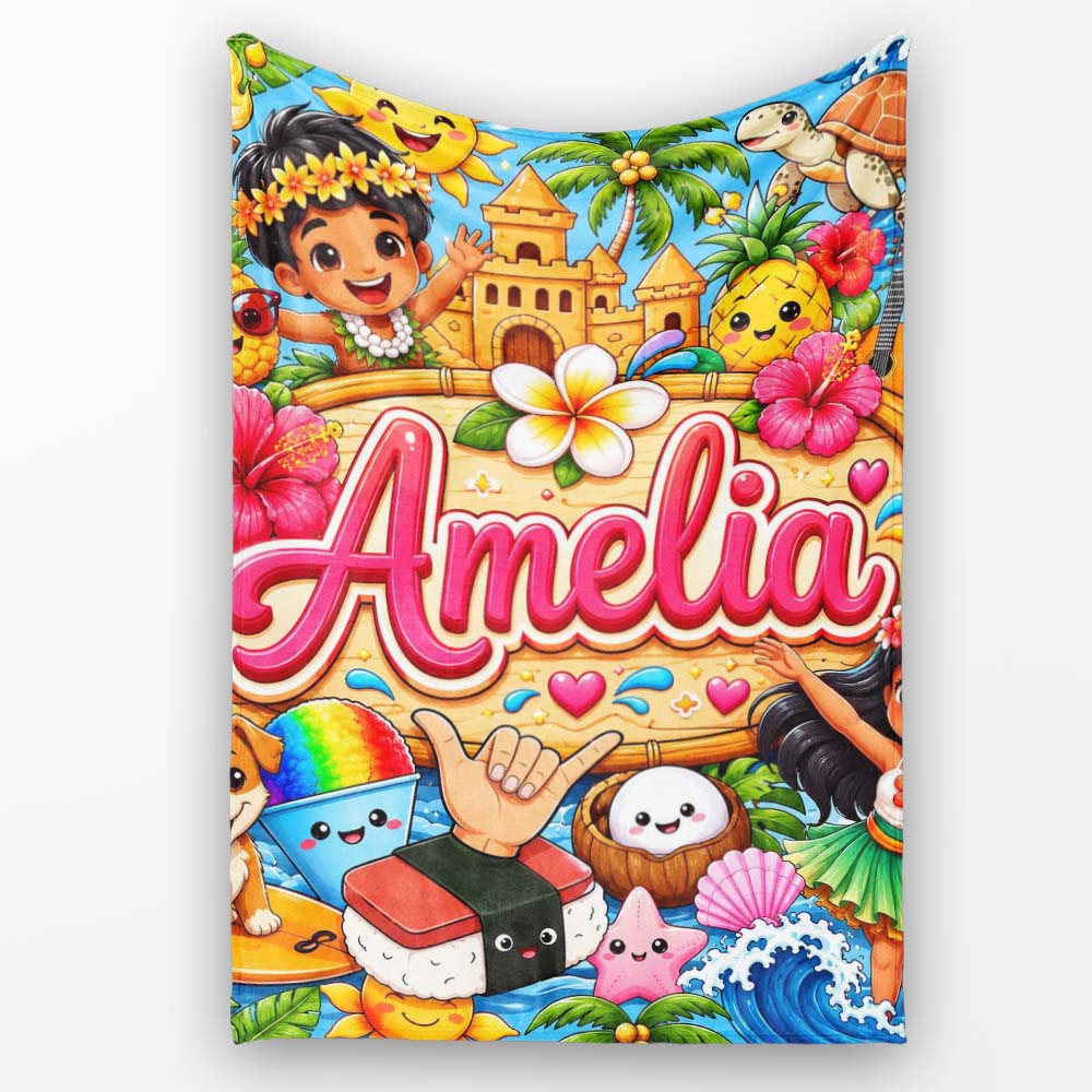 Cute Hawaiian Kids Blue Background Tiki Beach Summer Cartoon  Personalised Custom Name Super Soft Fleece Blanket Bed Sofa Throw