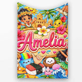 Cute Hawaiian Kids Blue Background Tiki Beach Summer Cartoon  Personalised Custom Name Super Soft Fleece Blanket Bed Sofa Throw