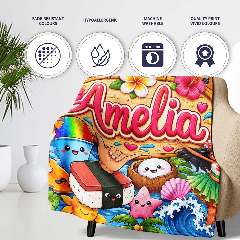 Cute Hawaiian Kids Blue Background Tiki Beach Summer Cartoon  Personalised Custom Name Super Soft Fleece Blanket Bed Sofa Throw