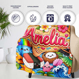 Cute Hawaiian Kids Blue Background Tiki Beach Summer Cartoon  Personalised Custom Name Super Soft Fleece Blanket Bed Sofa Throw