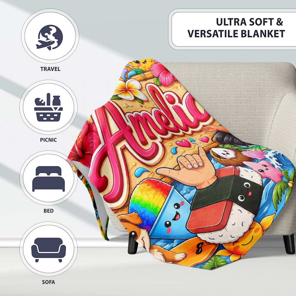 Cute Hawaiian Kids Blue Background Tiki Beach Summer Cartoon  Personalised Custom Name Super Soft Fleece Blanket Bed Sofa Throw