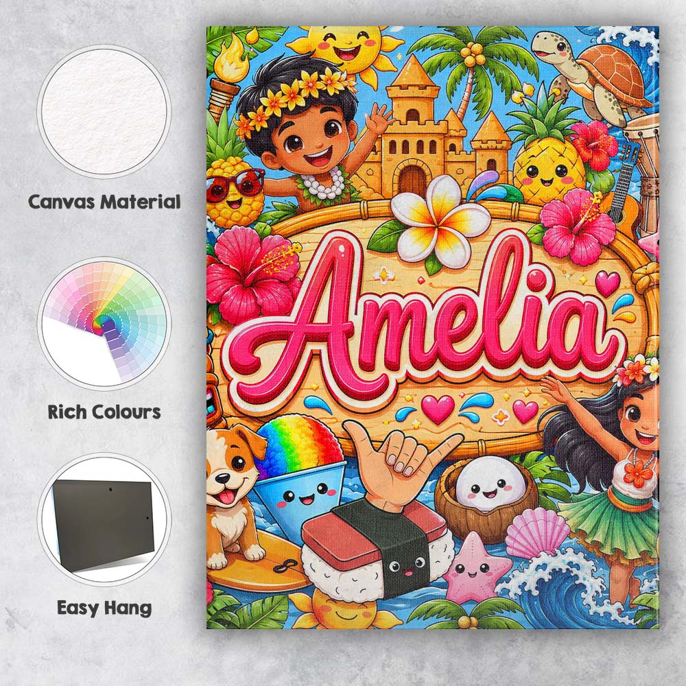 Personalised Name Cute Hawaiian Kids Blue Custom  Unique Gift Idea Elegant Feature Canvas Wall Art Print Decor Picture Ready to Hang
