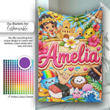 Cute Hawaiian Kids Blue Background Tiki Beach Summer Cartoon  Personalised Custom Name Super Soft Fleece Blanket Bed Sofa Throw