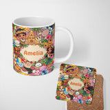 Personalized Custom Name Cute Hawaiian Kids Pink Background Tiki Beach Summer Cartoon 11oz Ceramic Coffee Tea Mug White Large Handle