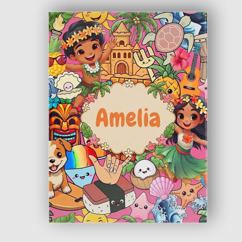 Personalised Name Cute Hawaiian Kids Pink Custom  Unique Gift Idea Elegant Feature Canvas Wall Art Print Decor Picture Ready to Hang