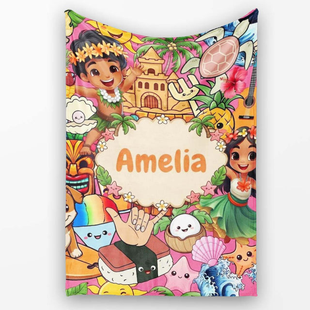 Cute Hawaiian Kids Pink Background Tiki Beach Summer Cartoon  Personalised Custom Name Super Soft Fleece Blanket Bed Sofa Throw