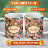 Personalized Custom Name Cute Hawaiian Kids Pink Background Tiki Beach Summer Cartoon 11oz Ceramic Coffee Tea Mug White Large Handle