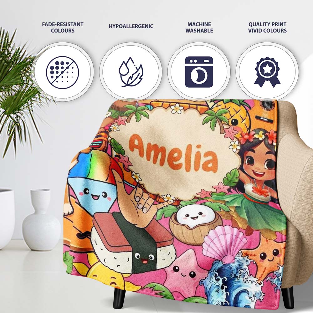 Cute Hawaiian Kids Pink Background Tiki Beach Summer Cartoon  Personalised Custom Name Super Soft Fleece Blanket Bed Sofa Throw