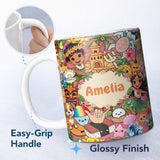 Personalized Custom Name Cute Hawaiian Kids Pink Background Tiki Beach Summer Cartoon 11oz Ceramic Coffee Tea Mug White Large Handle