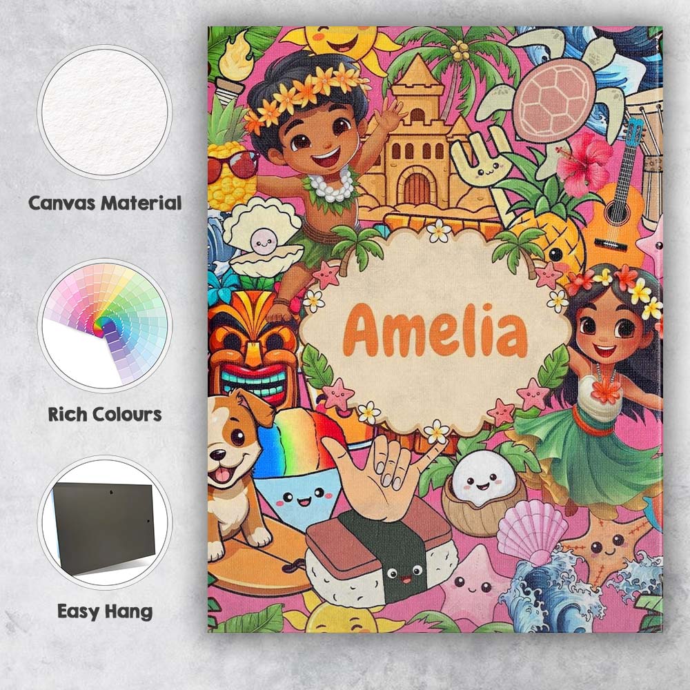 Personalised Name Cute Hawaiian Kids Pink Custom  Unique Gift Idea Elegant Feature Canvas Wall Art Print Decor Picture Ready to Hang