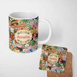 Personalized Custom Name Cute Hawaiian Kids Teal Background Tiki Beach Summer Cartoon 11oz Ceramic Coffee Tea Mug White Large Handle