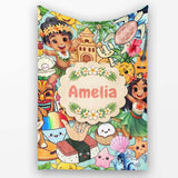 Cute Hawaiian Kids Teal Background Tiki Beach Summer Cartoon  Personalised Custom Name Super Soft Fleece Blanket Bed Sofa Throw