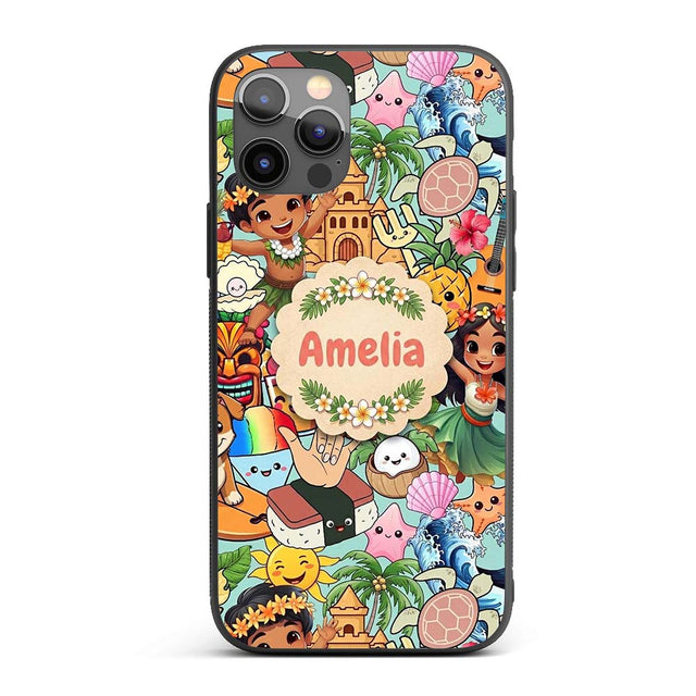 Cute Hawaiian Kids Teal Background Tiki Beach Custom Name Protective Phone Case Mobile Cover Durable Everyday Smartphone Shock Resistant