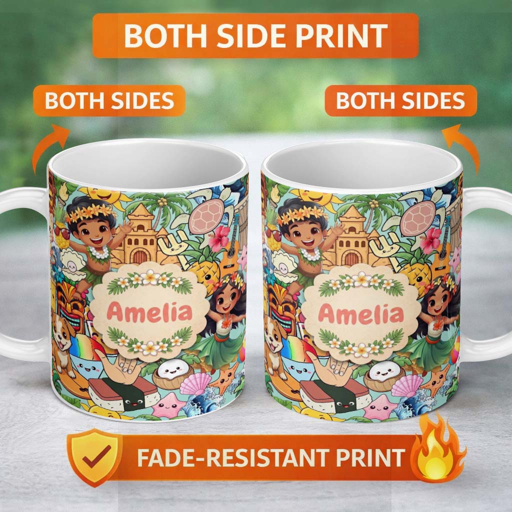 Personalized Custom Name Cute Hawaiian Kids Teal Background Tiki Beach Summer Cartoon 11oz Ceramic Coffee Tea Mug White Large Handle