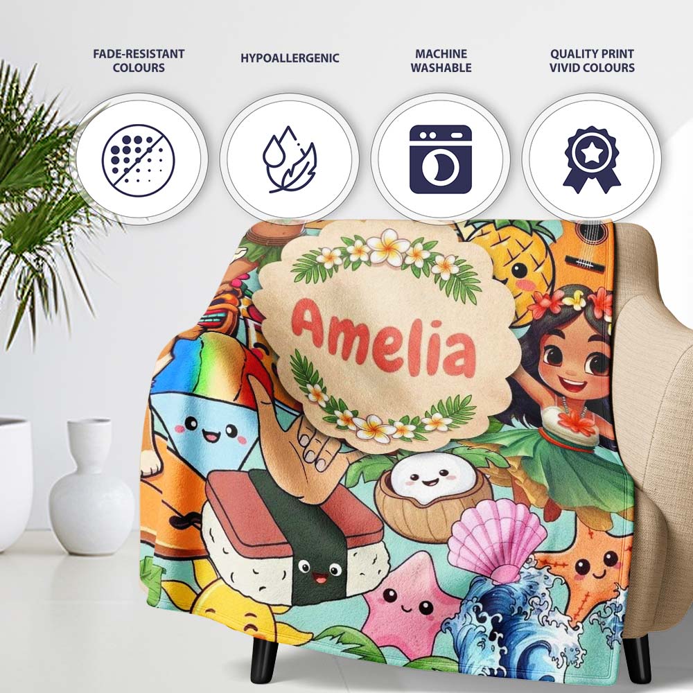 Cute Hawaiian Kids Teal Background Tiki Beach Summer Cartoon  Personalised Custom Name Super Soft Fleece Blanket Bed Sofa Throw