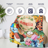 Cute Hawaiian Kids Teal Background Tiki Beach Summer Cartoon  Personalised Custom Name Super Soft Fleece Blanket Bed Sofa Throw
