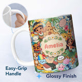 Personalized Custom Name Cute Hawaiian Kids Teal Background Tiki Beach Summer Cartoon 11oz Ceramic Coffee Tea Mug White Large Handle