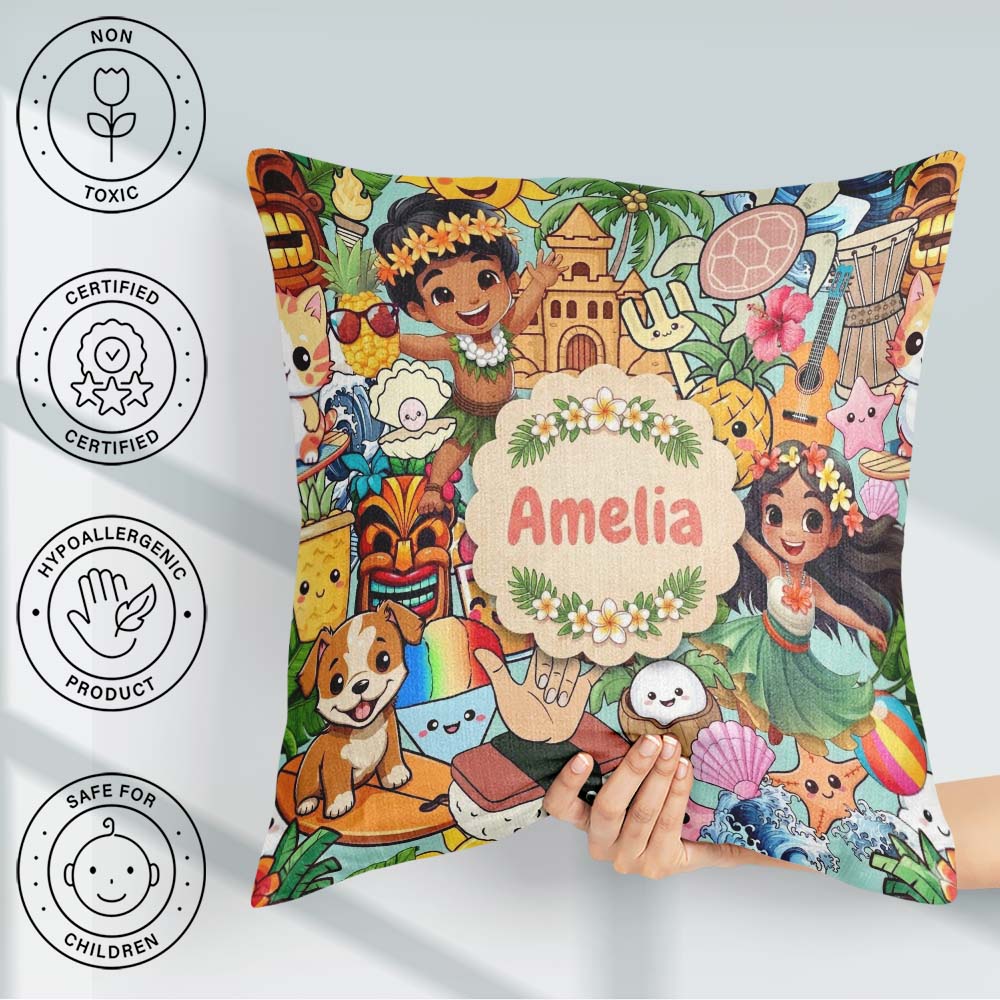 Custom Name Cute Hawaiian Kids Teal Background Tiki Beach Summer Square Filled Cushion Throw Pillow Sofa Bed Home Decor Zip Washable UK Made