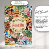Cute Hawaiian Kids Teal Background Tiki Beach Summer Cartoon  Personalised Custom Name Super Soft Fleece Blanket Bed Sofa Throw