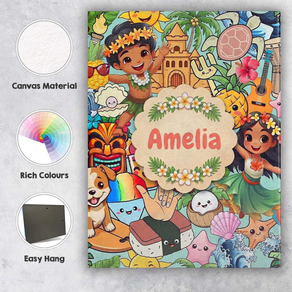 Personalised Name Cute Hawaiian Kids Teal Custom  Unique Gift Idea Elegant Feature Canvas Wall Art Print Decor Picture Ready to Hang