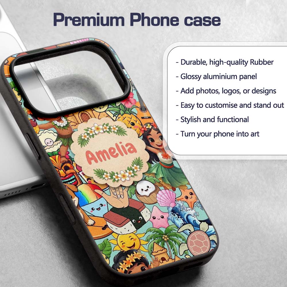 Cute Hawaiian Kids Teal Background Tiki Beach Custom Name Protective Phone Case Mobile Cover Durable Everyday Smartphone Shock Resistant