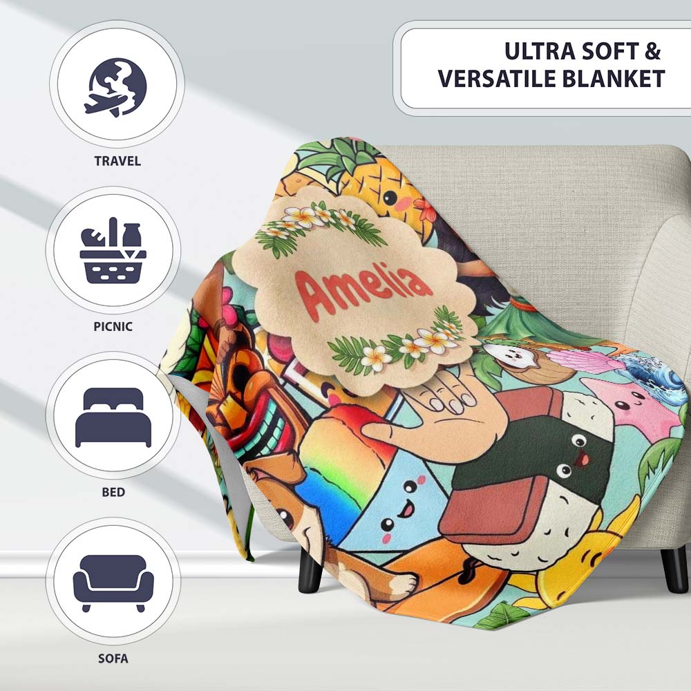 Cute Hawaiian Kids Teal Background Tiki Beach Summer Cartoon  Personalised Custom Name Super Soft Fleece Blanket Bed Sofa Throw
