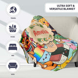 Cute Hawaiian Kids Teal Background Tiki Beach Summer Cartoon  Personalised Custom Name Super Soft Fleece Blanket Bed Sofa Throw