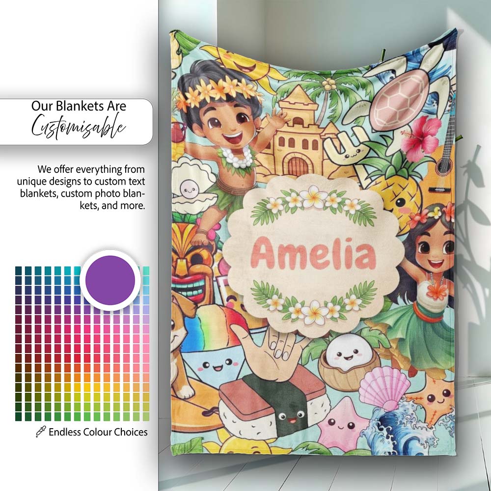 Cute Hawaiian Kids Teal Background Tiki Beach Summer Cartoon  Personalised Custom Name Super Soft Fleece Blanket Bed Sofa Throw