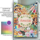 Cute Hawaiian Kids Teal Background Tiki Beach Summer Cartoon  Personalised Custom Name Super Soft Fleece Blanket Bed Sofa Throw