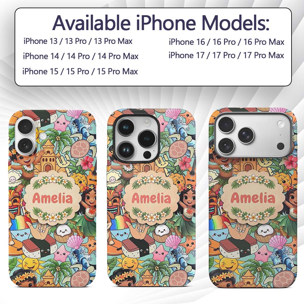 Cute Hawaiian Kids Teal Background Tiki Beach Custom Name Protective Phone Case Mobile Cover Durable Everyday Smartphone Shock Resistant